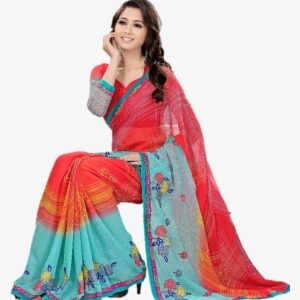 Sharda Sarees Blue And Red Designer Embroidered Saree - Saree Model Png